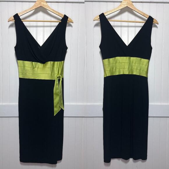Kay Unger NY Black V-Neck Midi Sheath Sleeveless Cocktail Dress Green Satin Sash - Picture 2 of 12